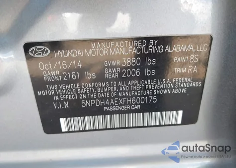 2015 Hyundai Elantra Se z USA, uszkodzony, nr VIN 5NPDH4AEXFH600175